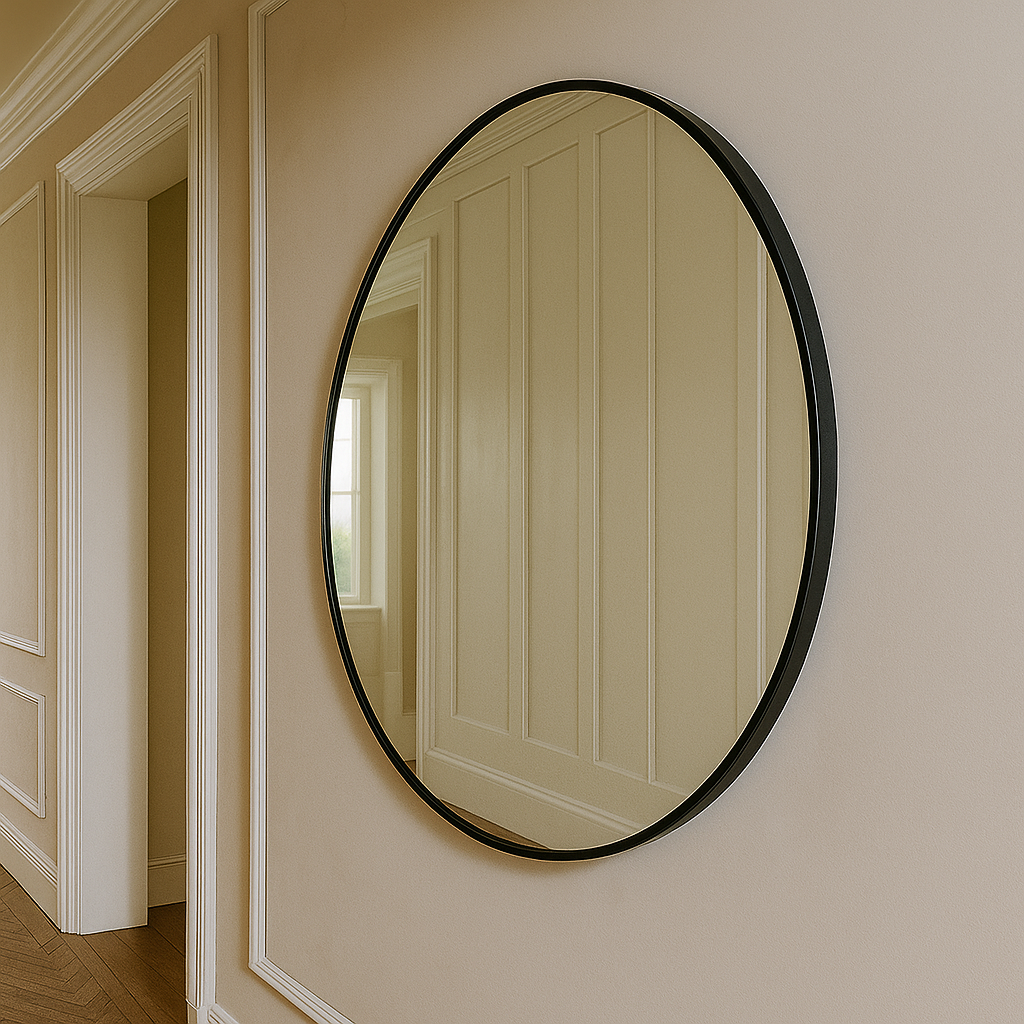 okruglo ogledalo na zidu sa crnim okvirom
