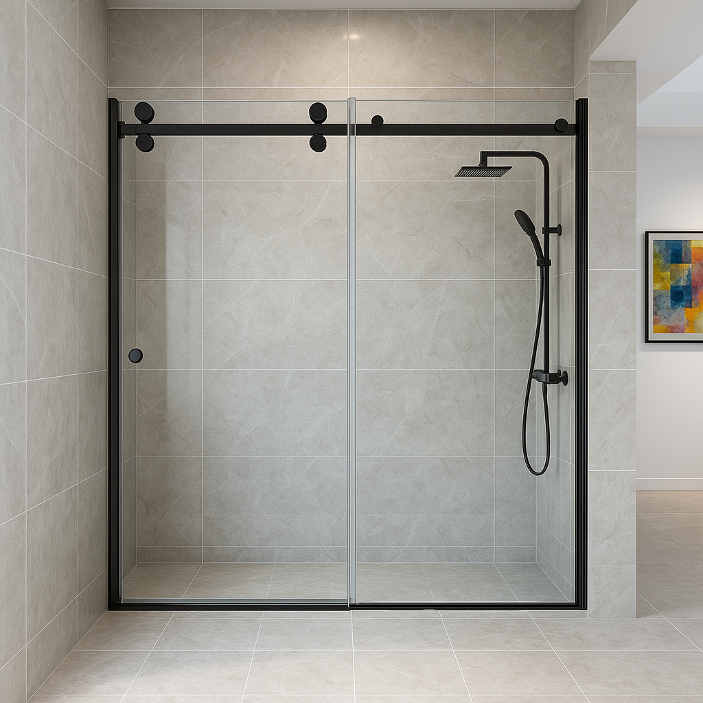 Modern shower setup with glass door and black fixtures in a tiled bathroom.